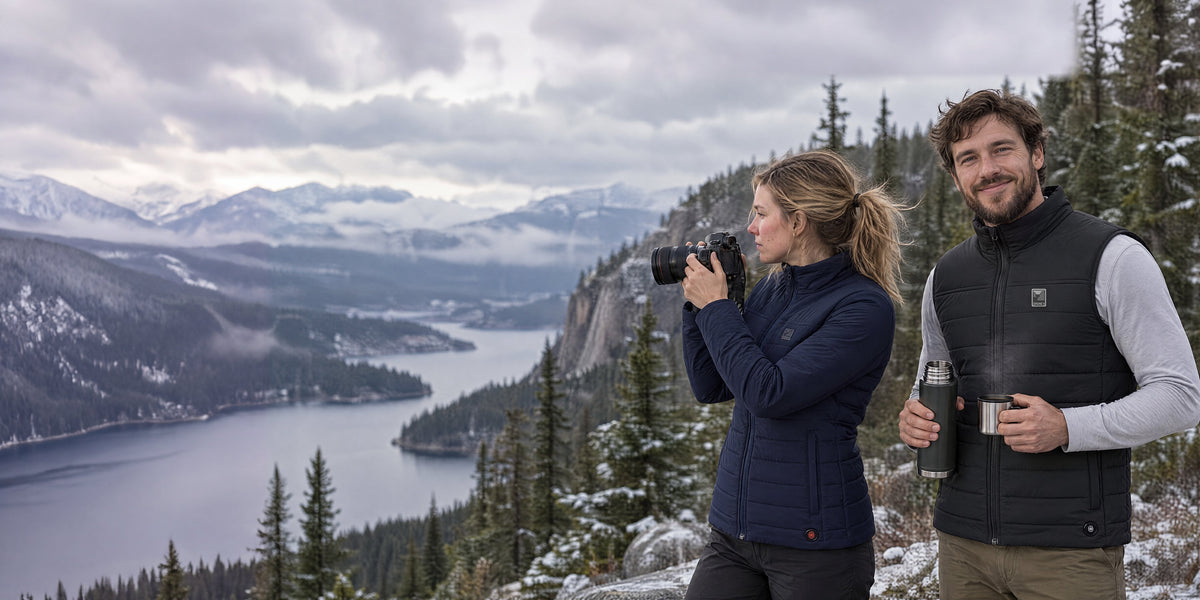 Sagney heated jacket and vest worn outdoors above a fjord